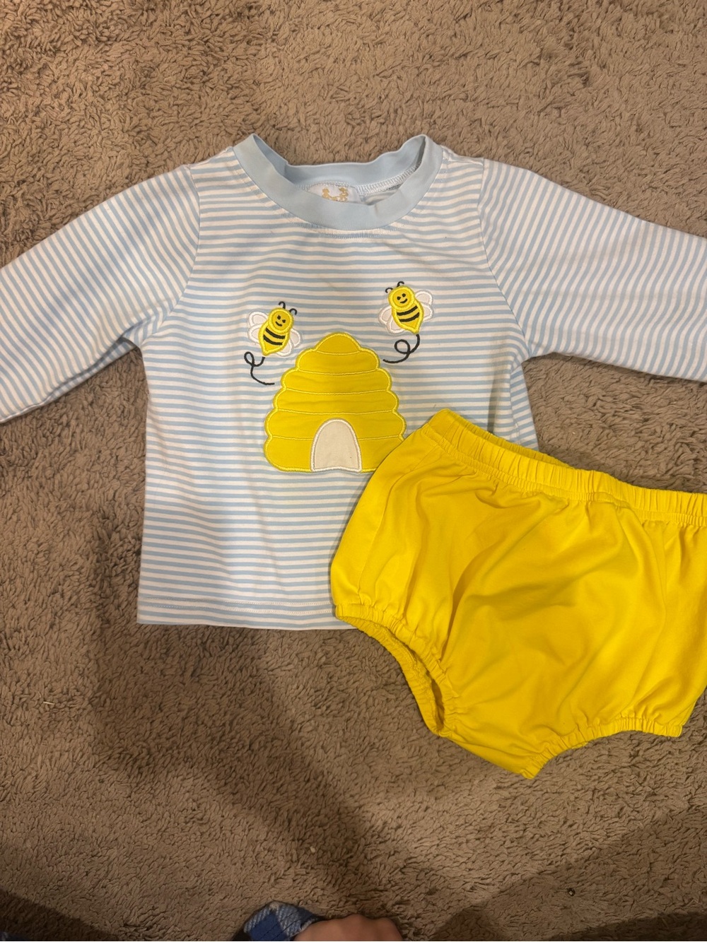 Blue Striped Bee Appliqué Top with Yellow Diaper Cover